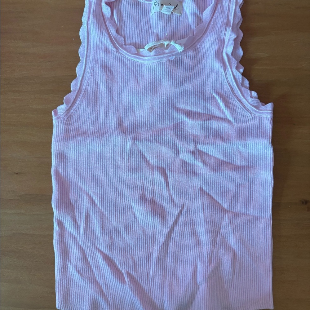 Marled Light Pink Ribbed Tank with Scalloped Edges